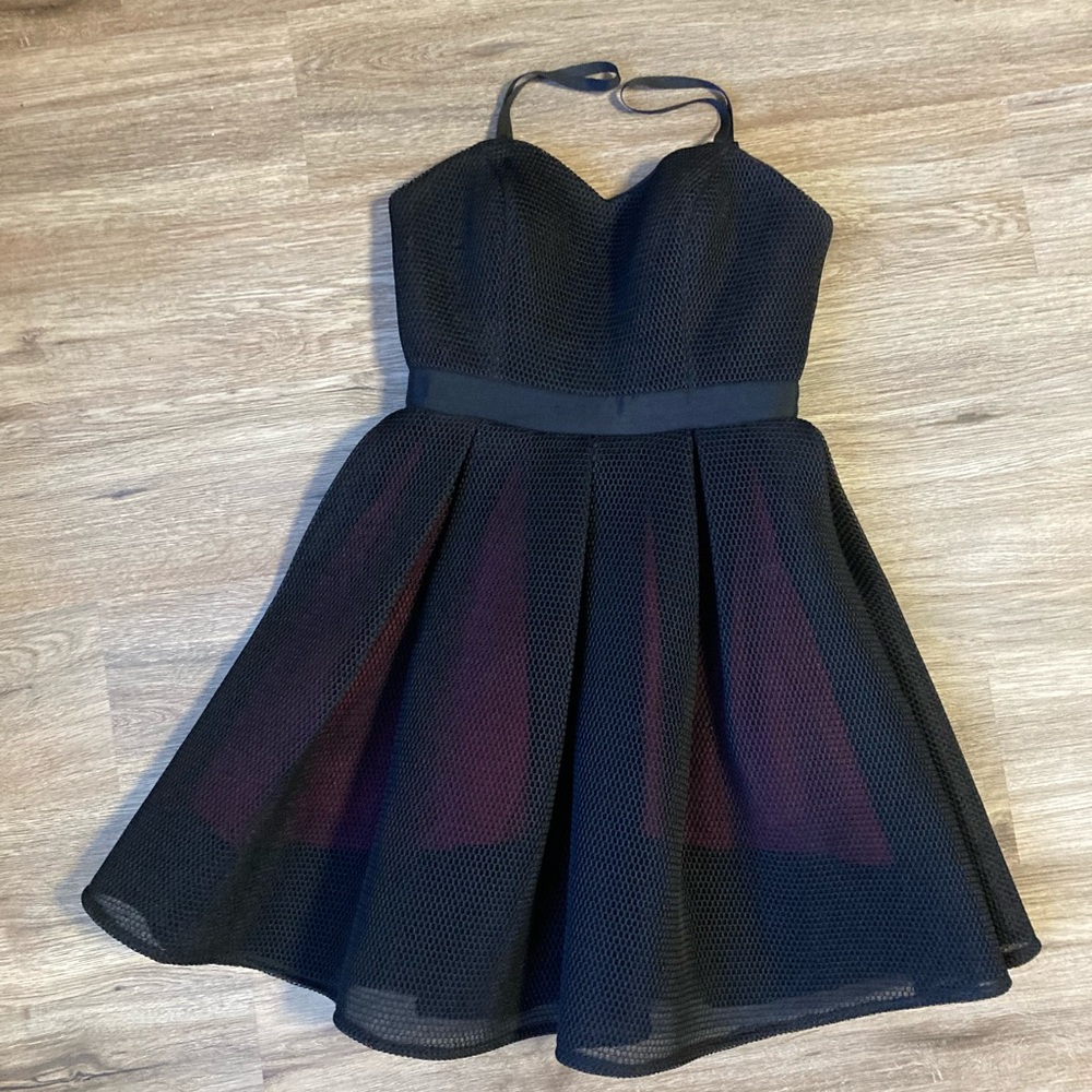 Aqua Black Mesh Sweetheart Fit & Flare Hot Pink Overlay Cocktail Dress